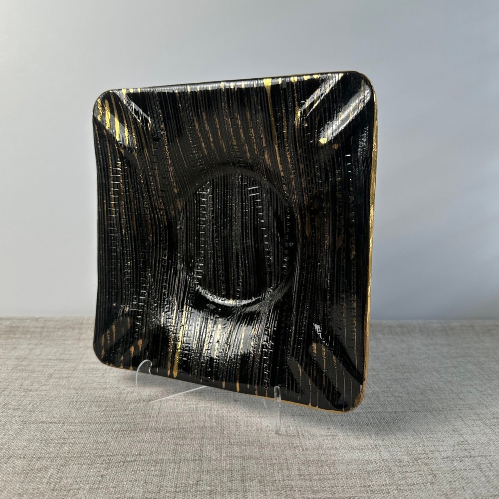 Vintage Black Gold Ceramic Ashtray MCM Square Textured Smoking Decor